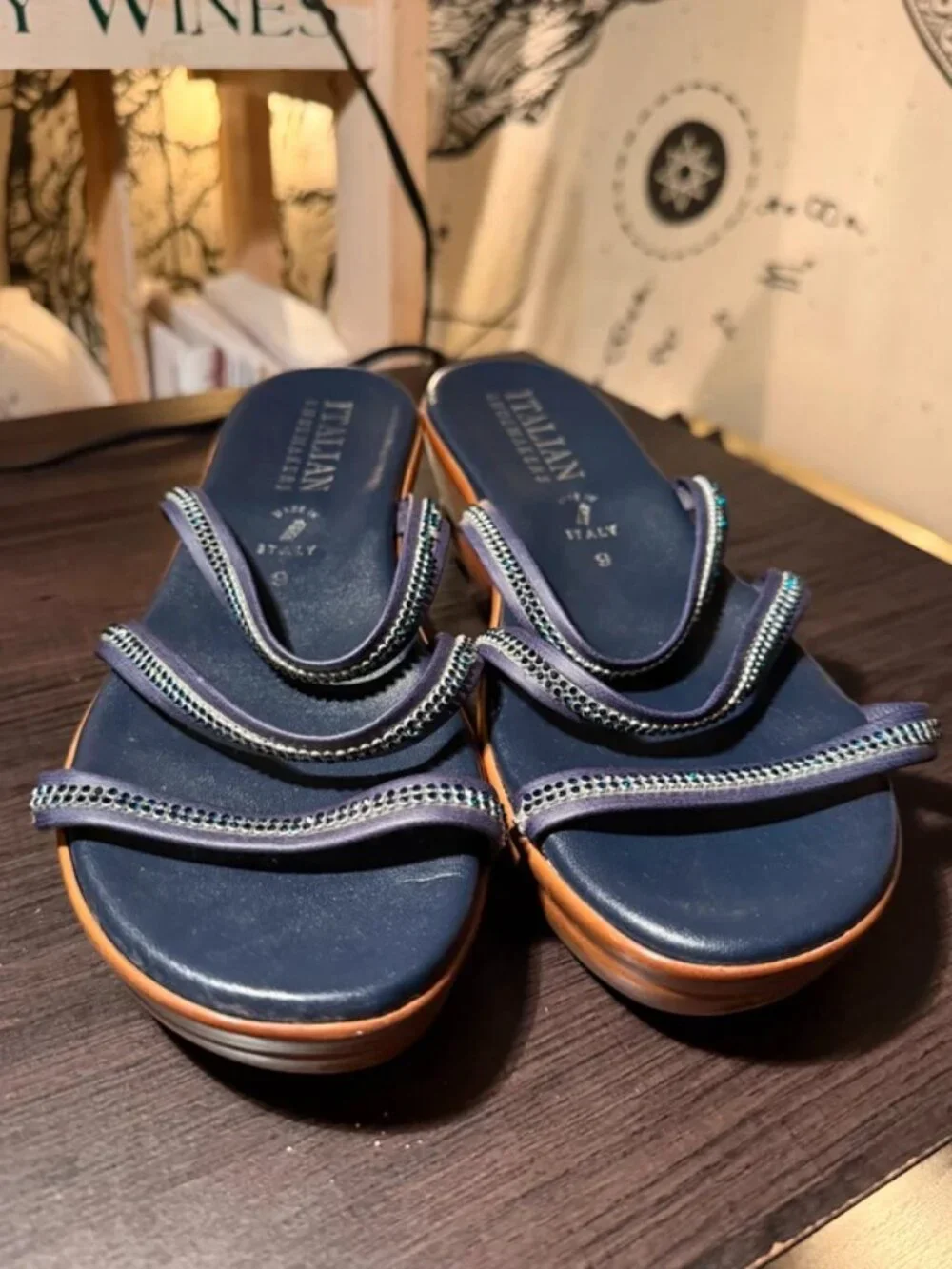 Navy Blue and Tan Chunky Platform Italian Shoemakers Sandals